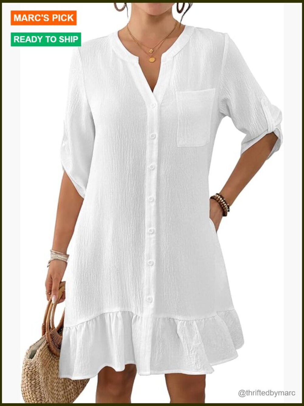 Short Sleeve Button Down Cover Up Dress with Pockets and Ruffle Hem